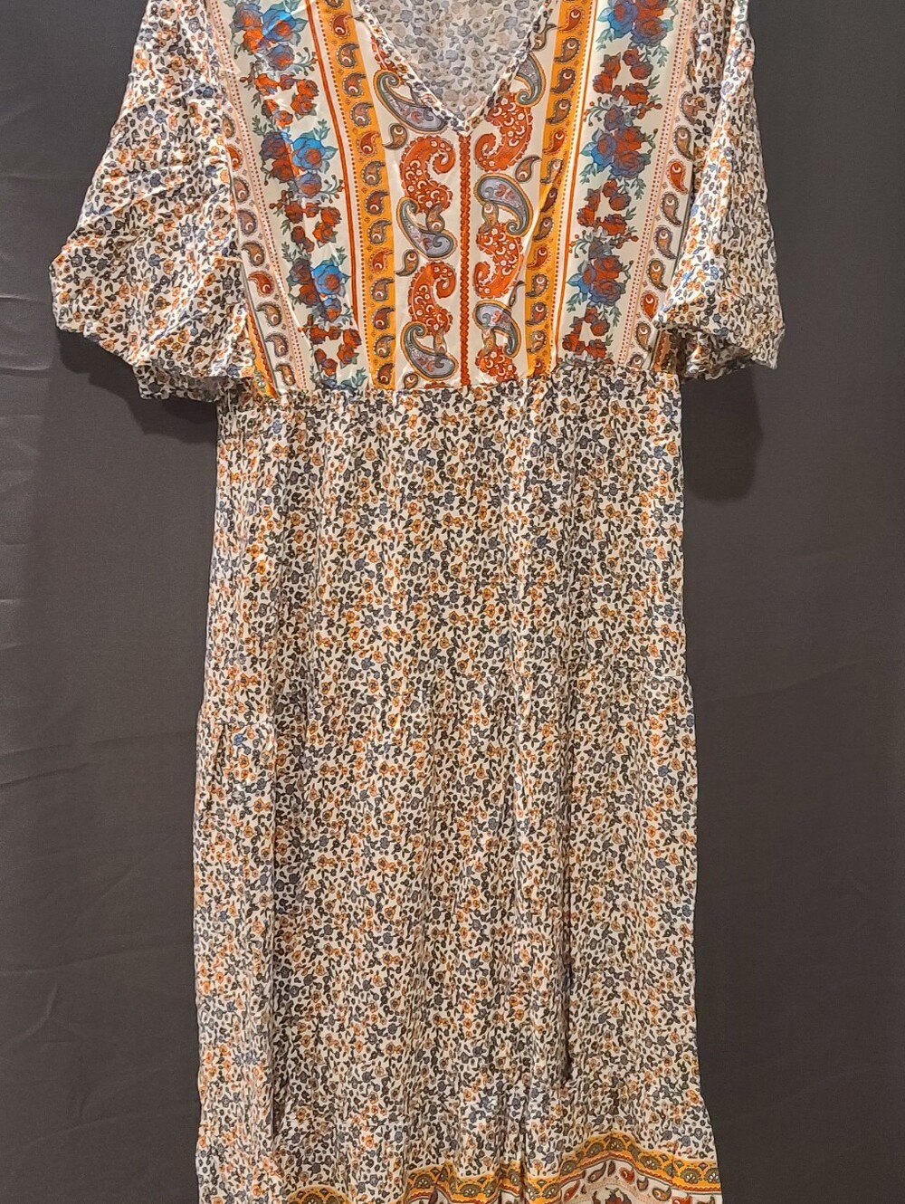 Pretty Garden Boho Floral V-Neck Midi Dress in Orange and Blue